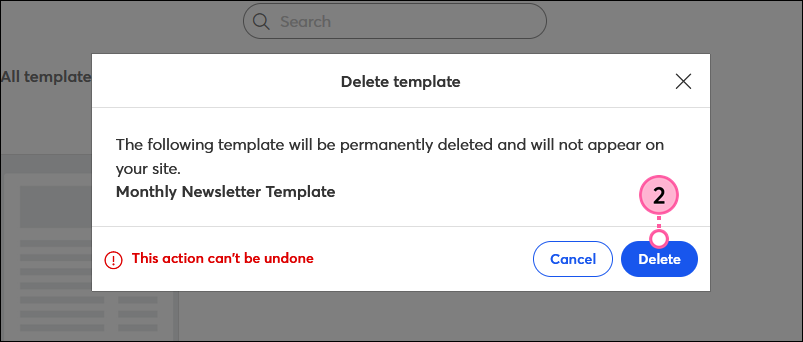 Mensaje de confirmación Delete Template (Eliminar plantilla) y botón Delete (Eliminar)
