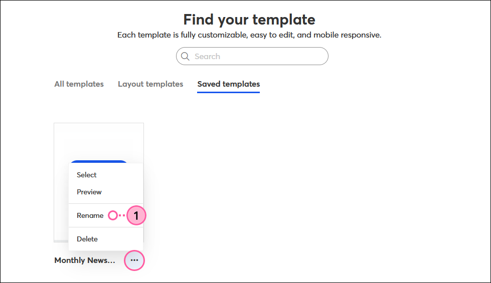 Selector de plantillas con pestaña Saved Templates (Plantillas guardadas), desplegable de plantilla y opción Rename (Renombrar)
