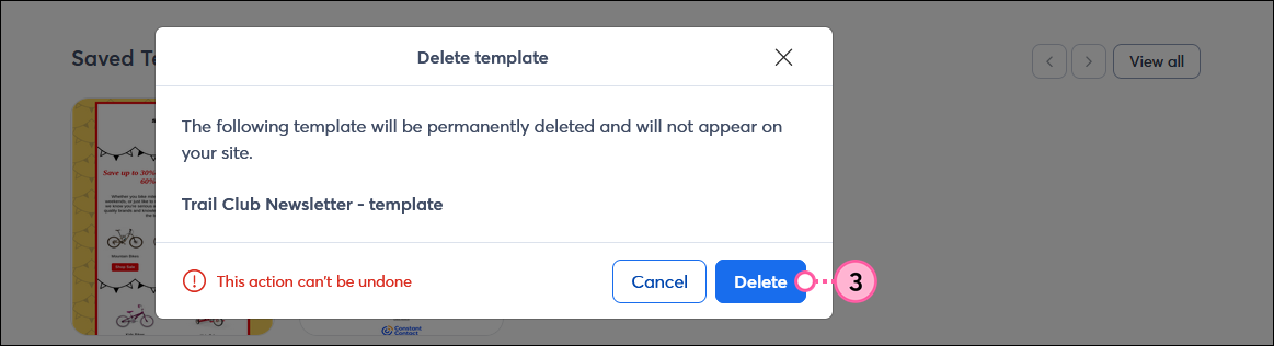 Delete template overlay with confirmation message and Delete button