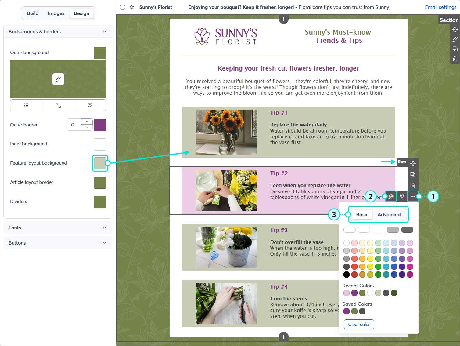 Design tab, Backgrounds and Borders section, and Feature Layout Background color swatch with Basic color picker expanded