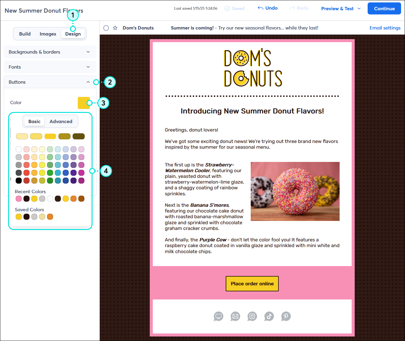 Email Design tab, Buttons menu expanded, and button color palette expanded