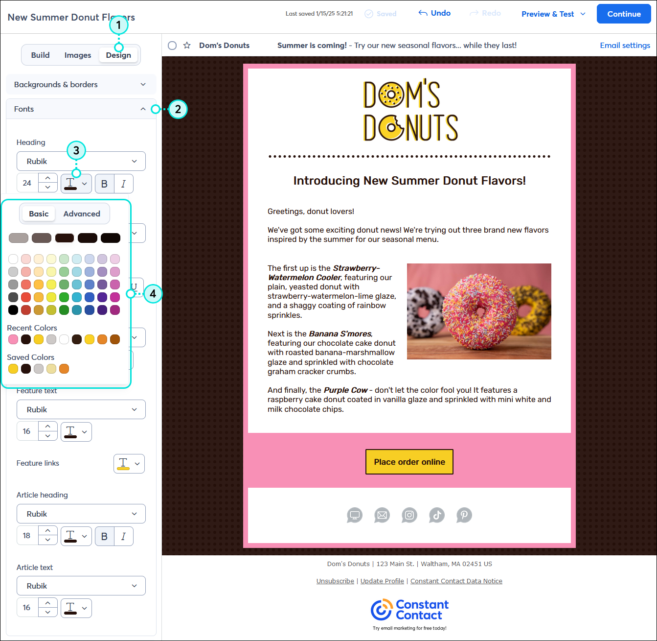 Email editor with Design tab selected, Fonts menu expanded, and Heading text color palette expanded