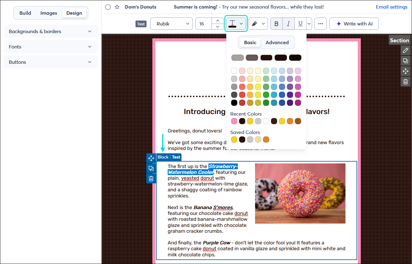 Email editor with Design tab selected, Text block selected with Text toolbar and text color Heading text toolbar and text color palette expanded
