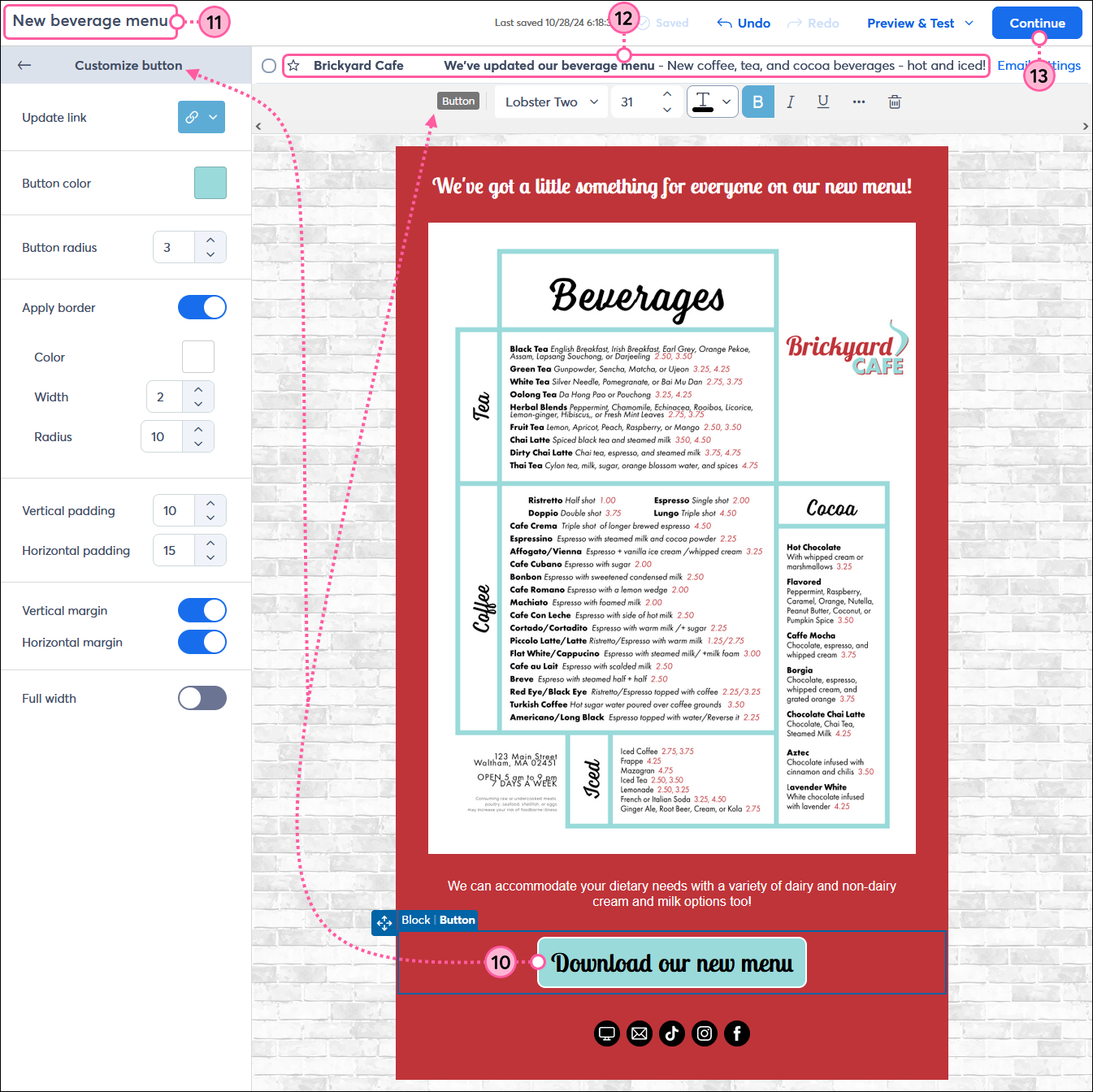 E-Mail-Editor mit erweitertem Schaltflächen-Menü, E-Mail-Namensfeld, E-Mail-Kopfzeile und Continue-Schaltfläche