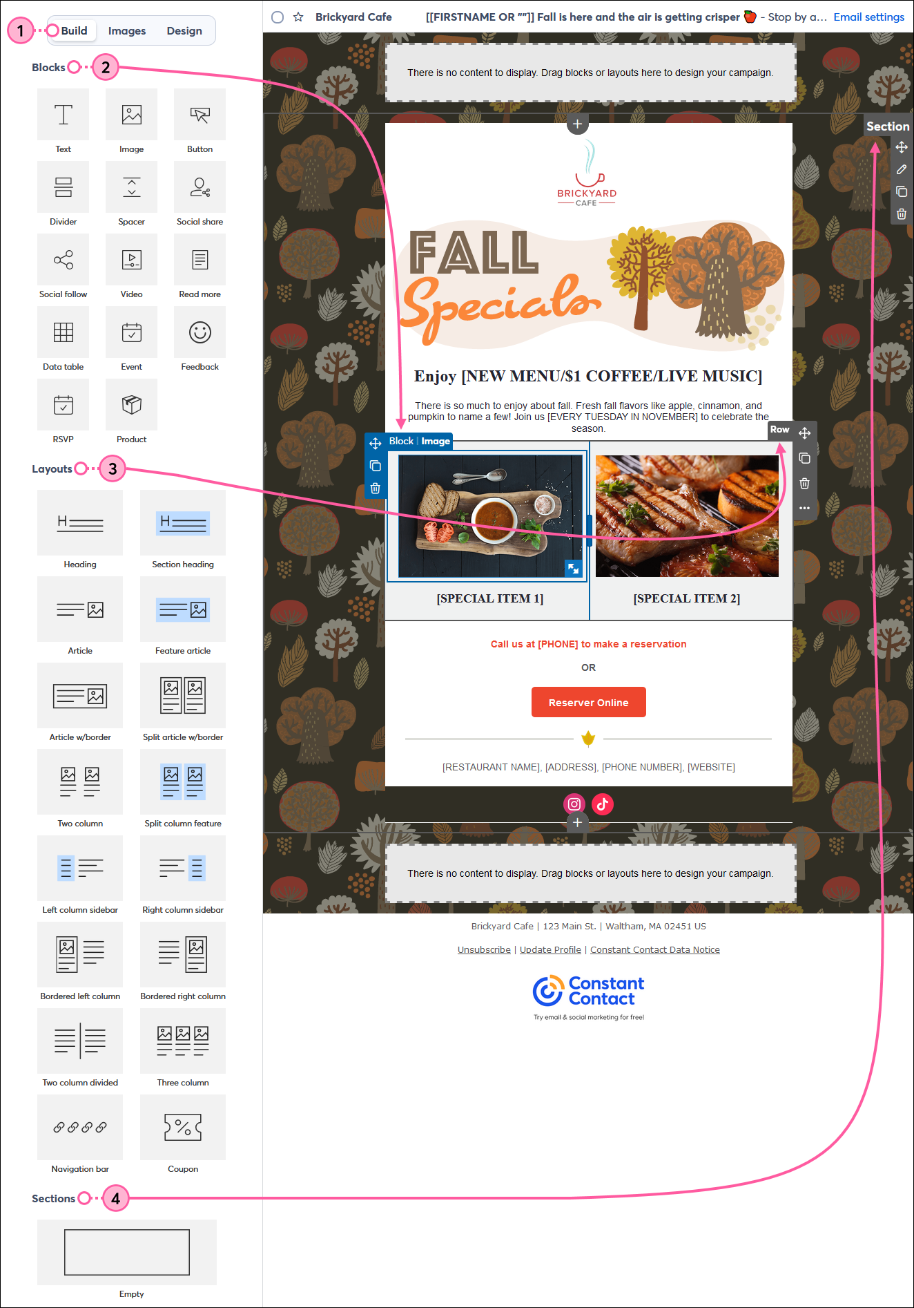 Email editor with Build tab selected, Blocks section and Image block, Layouts section and Row menu expanded, and Sections section with Section menu expanded
