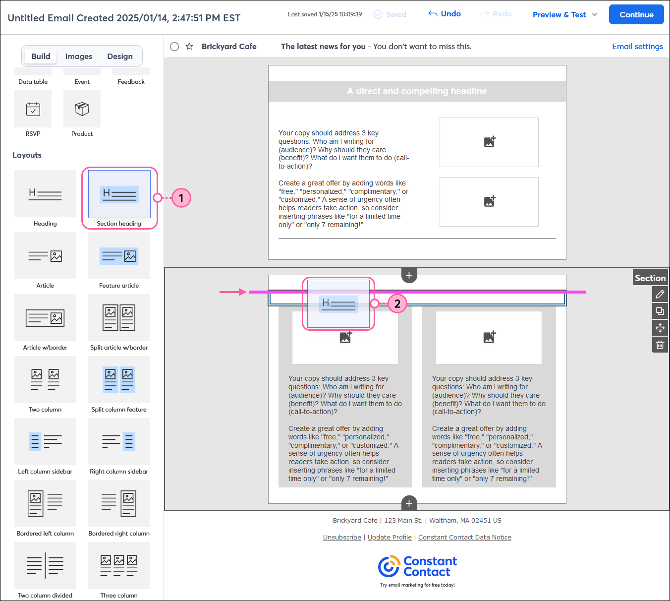 Email editor with Build tab selected, Section heading block selected using click-and-stick with highlight visible, and Section heading block visible in the template where it's going to stick into place