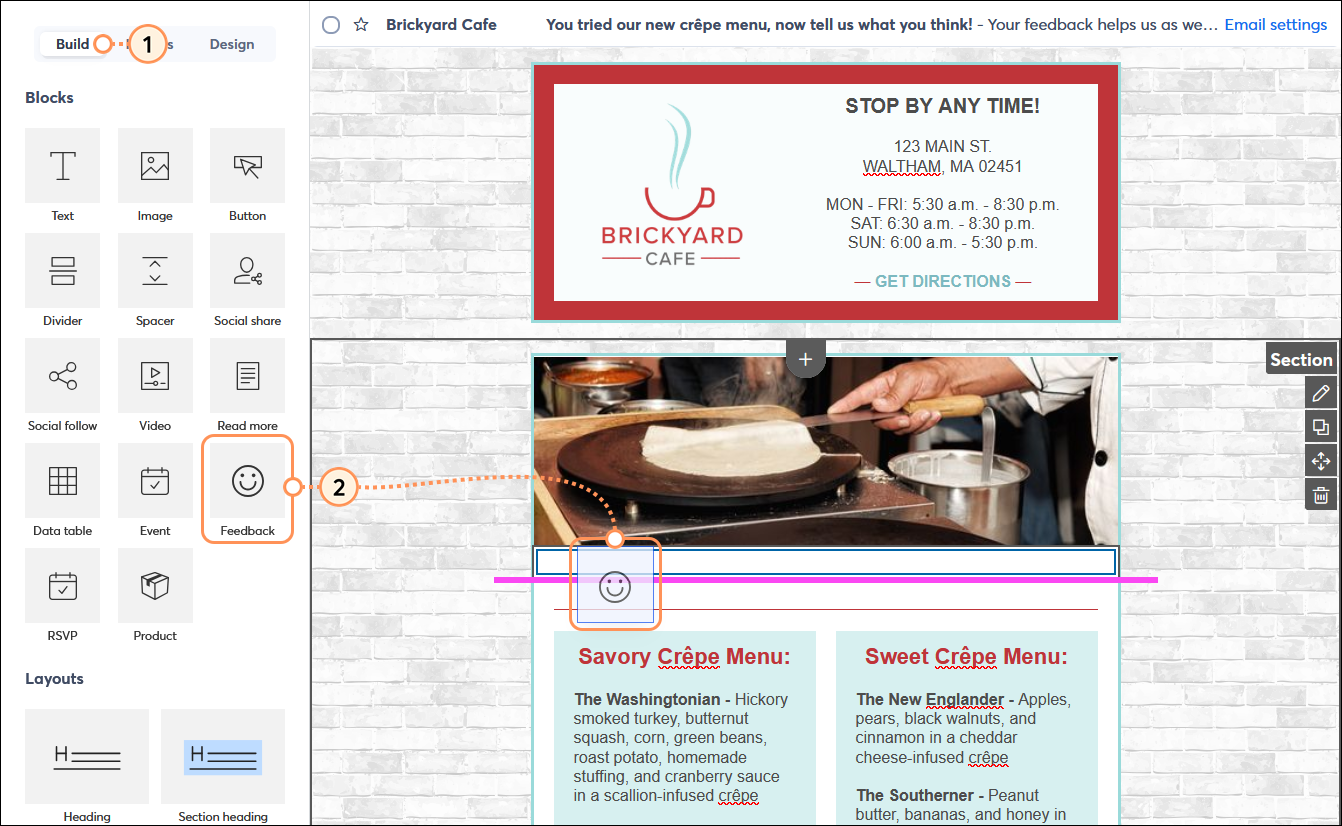 Email editor with Build tab selected, Blocks setion, and Feedback block drag-and-dropped into the template