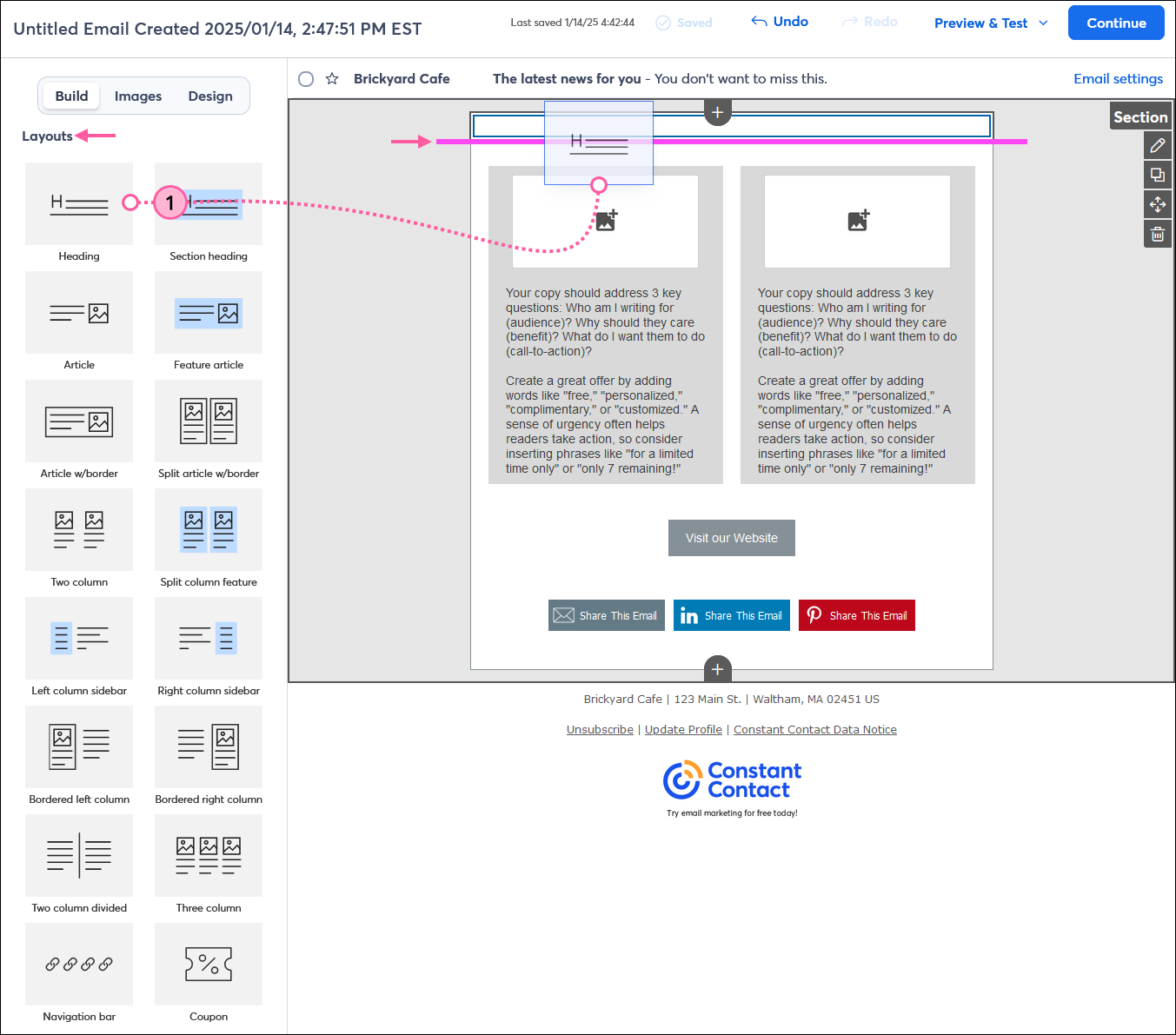 Email editor with Build tab selected and Layouts section, with Heading block being dragged and dropped into template within a section