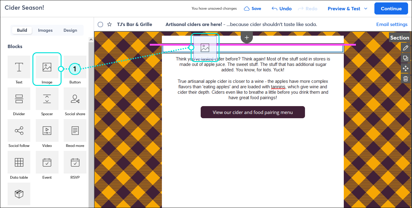Email editor with Build tab selected, Blocks section and drag-and-drop Image block into template