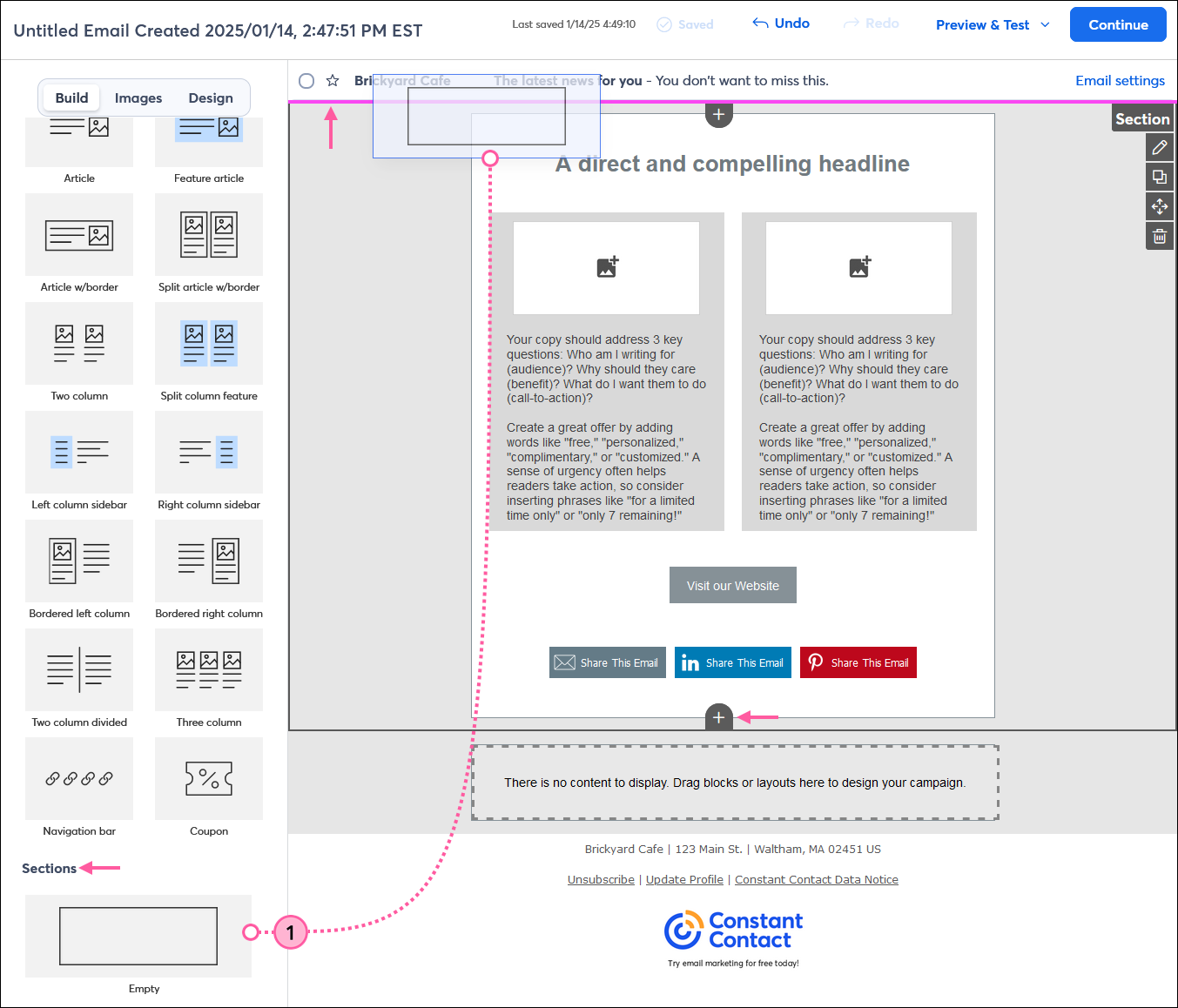 Email editor with Build tab selected and Sections section with Section being dragged and dropped into the template