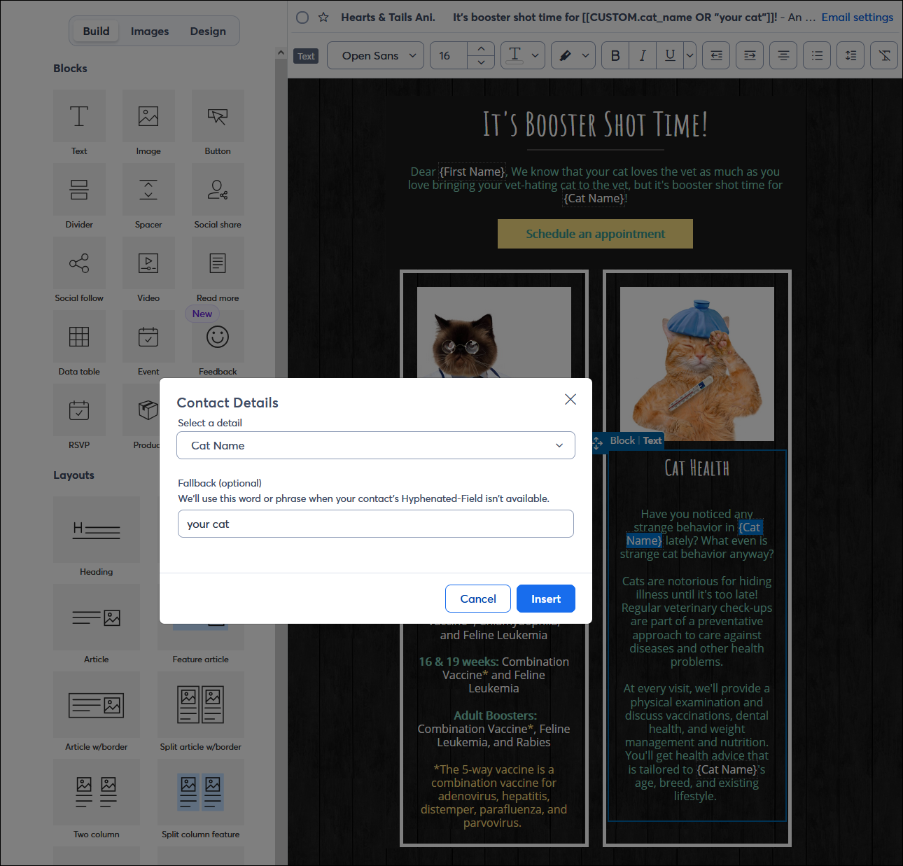 Email example with contact details in the subject line and body content, and the Contact Details overlay with a custom field selected