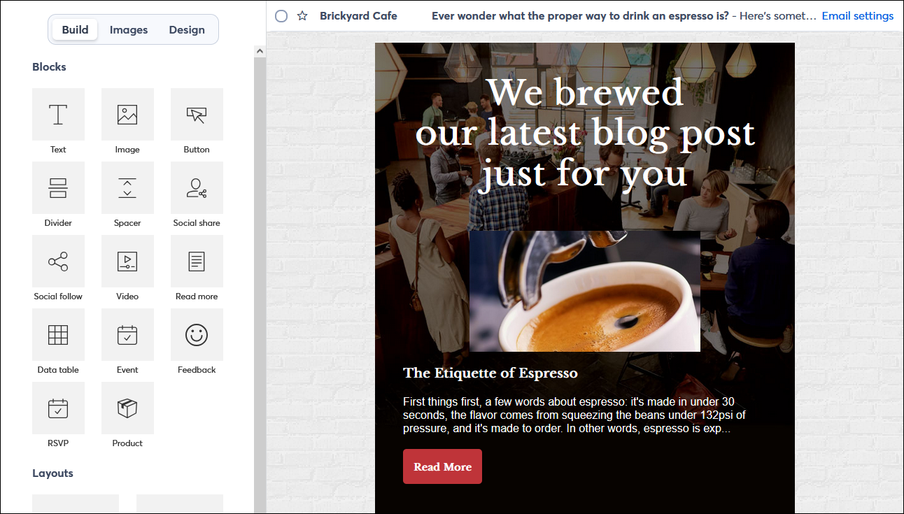 Email editor with engagement Block options and email template with Read more block