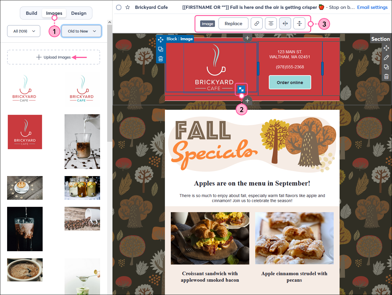 Email editor with Images tab selected, Upload images button, and Image block with Image toolbar expanded