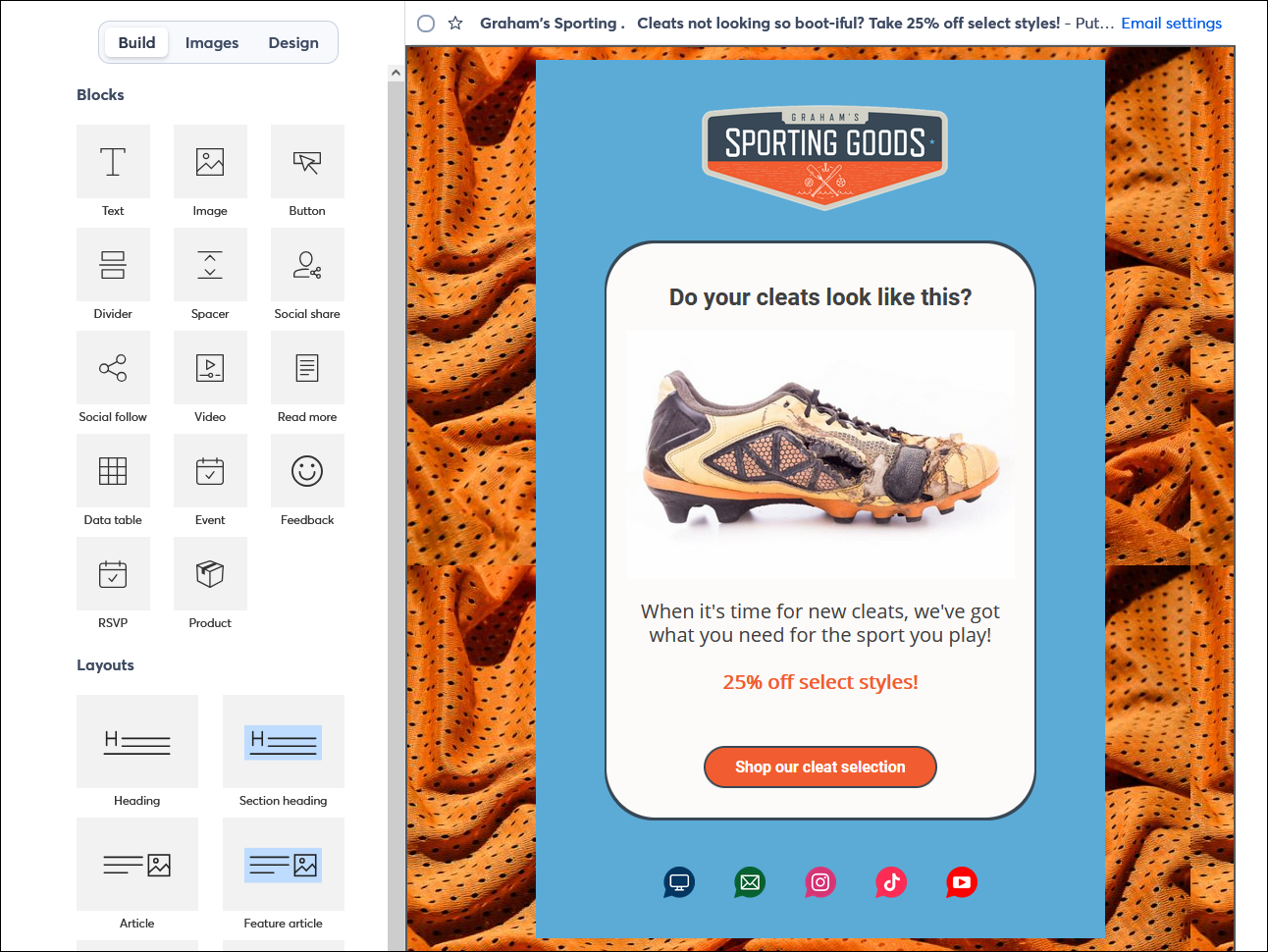 Email editor with example of a short email