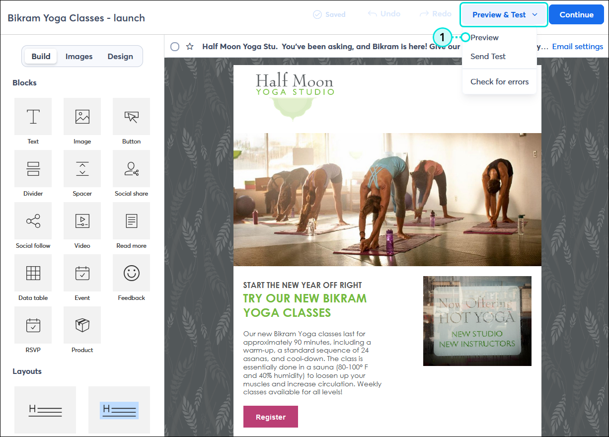 Email editor with Preview & Test drop-down menu expanded and Preview option selected