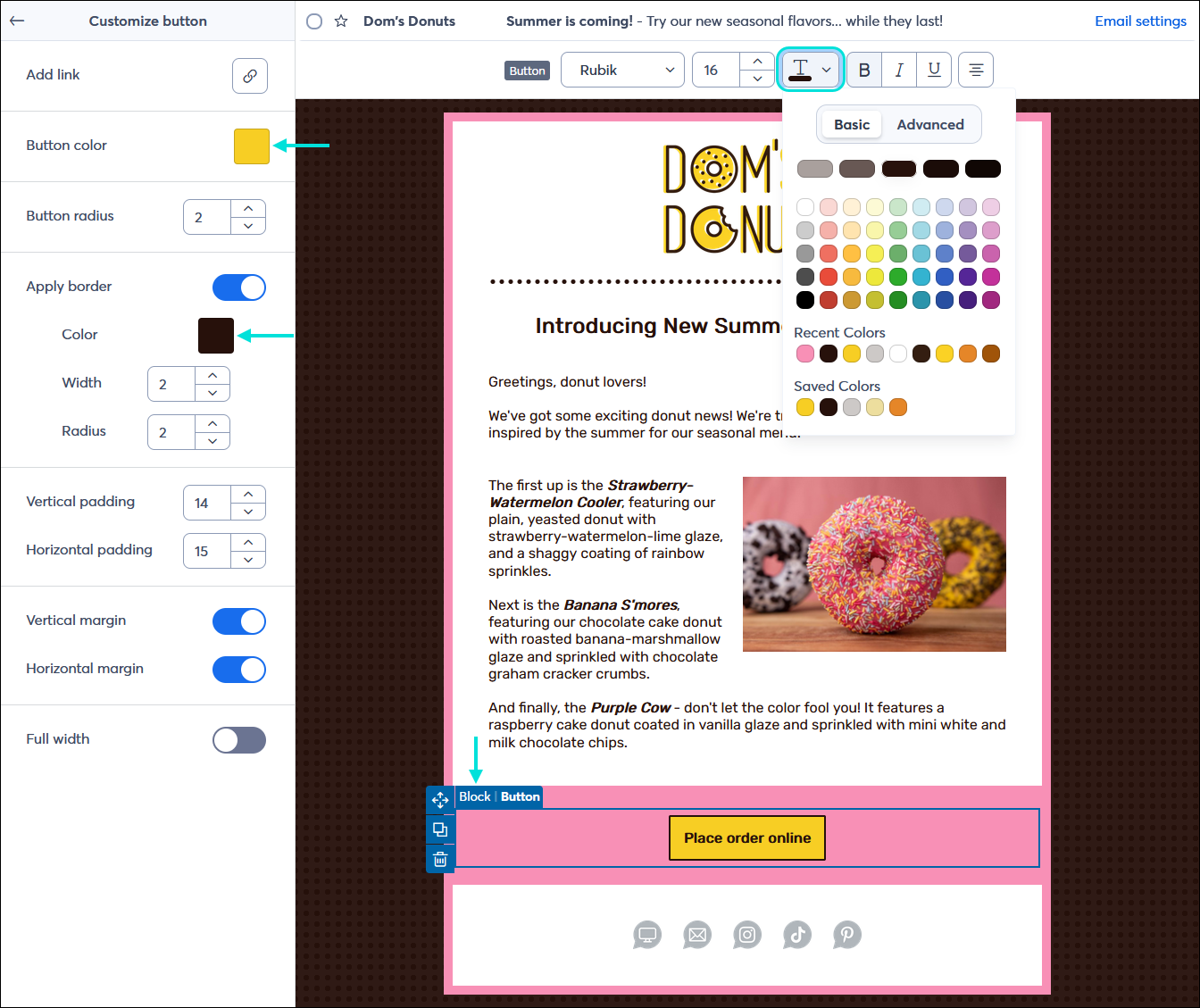 Email editor with Button block selected, Button toolbar expanded with button text color palette, and Customize button menu expanded with Button color and Apply border color options