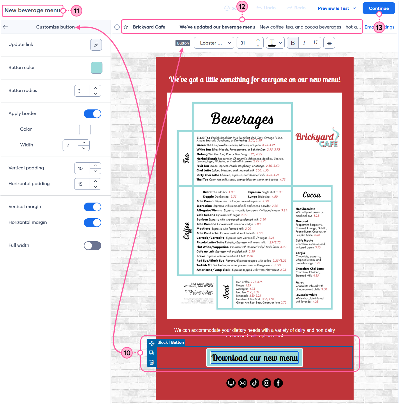 Email editor with Button menu expanded, email name field, email header, and Continue Button