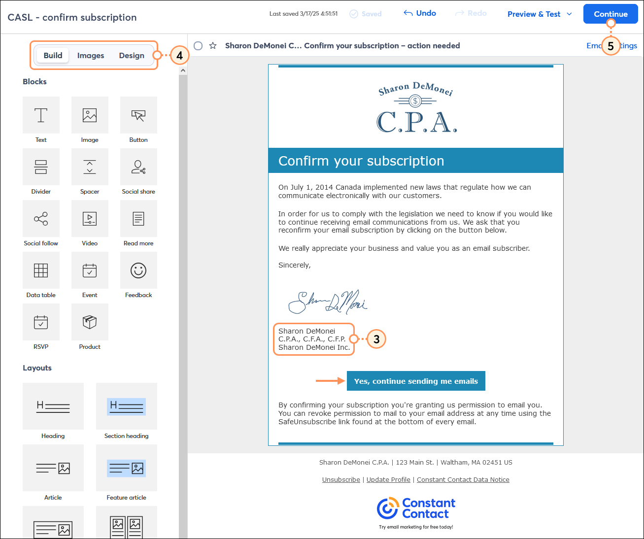 Email editor with CASL template and branded content, and Continue button