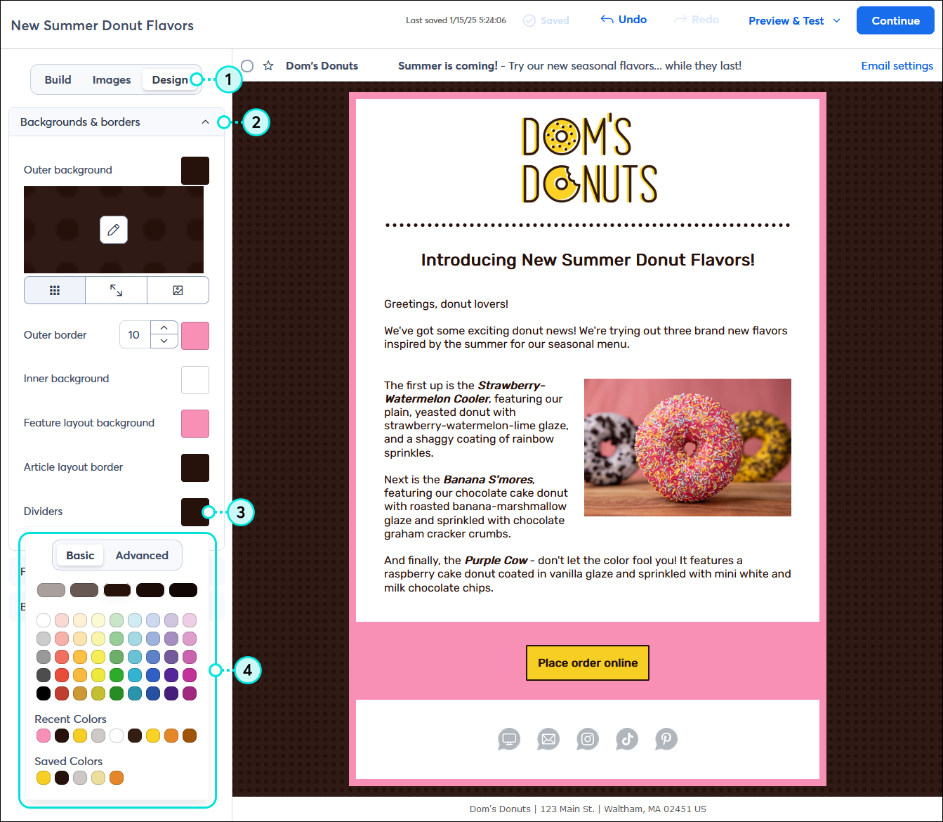 Email editor with Design tab selected, Backgrounds & Borders section expanded with color swatches visible and Divider color palette expanded