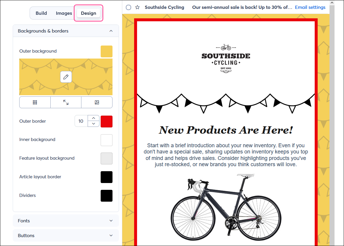 Email editor with Design tab selected, Backgrounds & borders menu expanded with background, border, and divider options, and colors applied to template