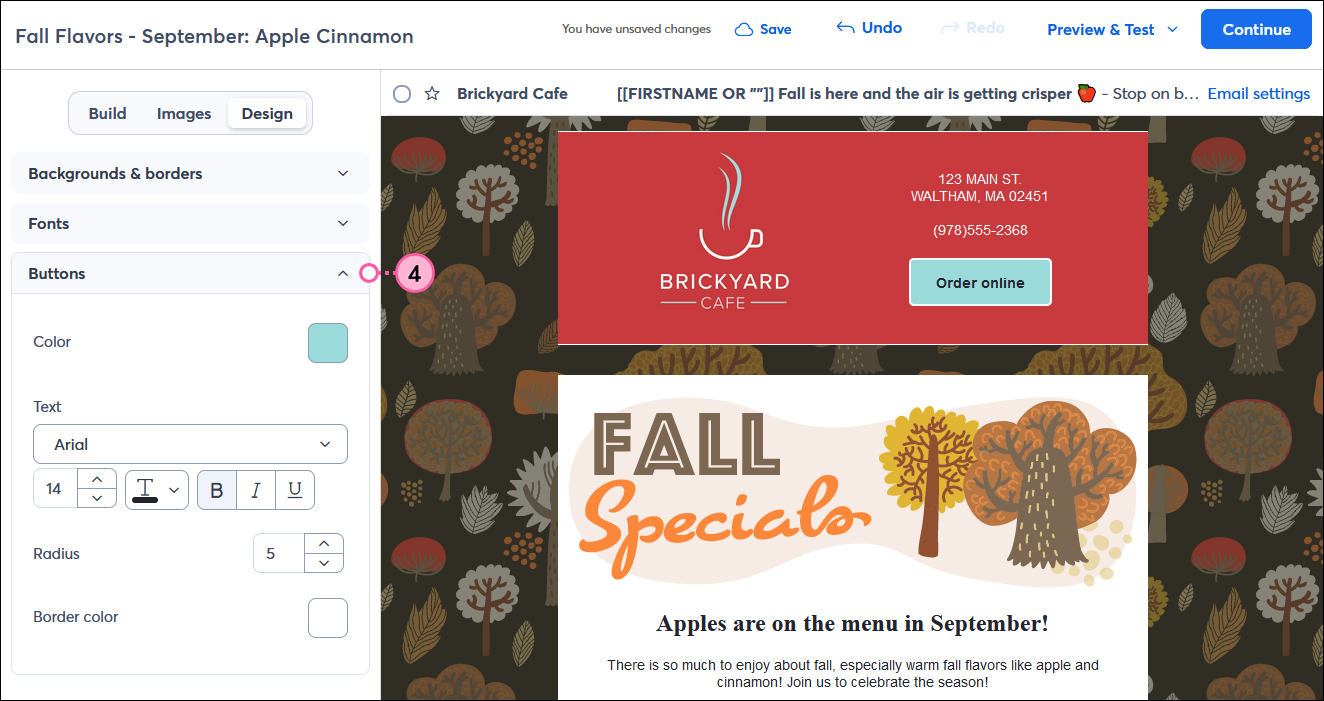 Email editor with Design tab selected and Buttons menu expanded
