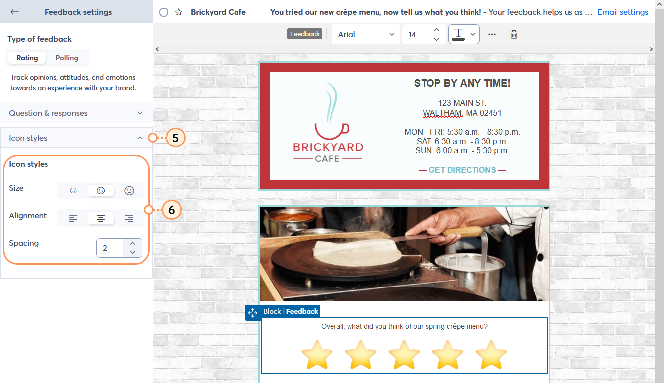 Email editor with Feedback Block and Feedback settings menu expanded and Icon Styles menu expanded, and Size options, Alignment options, and Spacing options