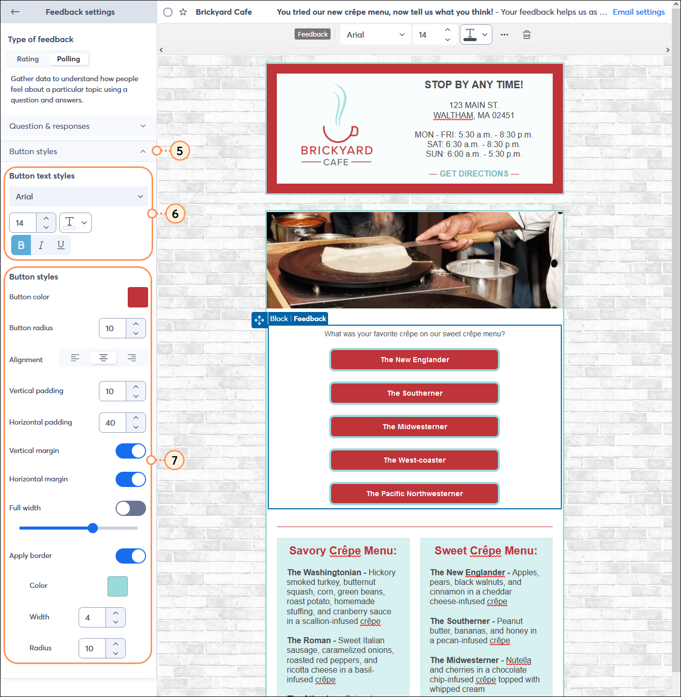 Email editor with Feedback block and Feedback settings menu expanded, Button styles menu expanded, Button text styles options, and Button styles options