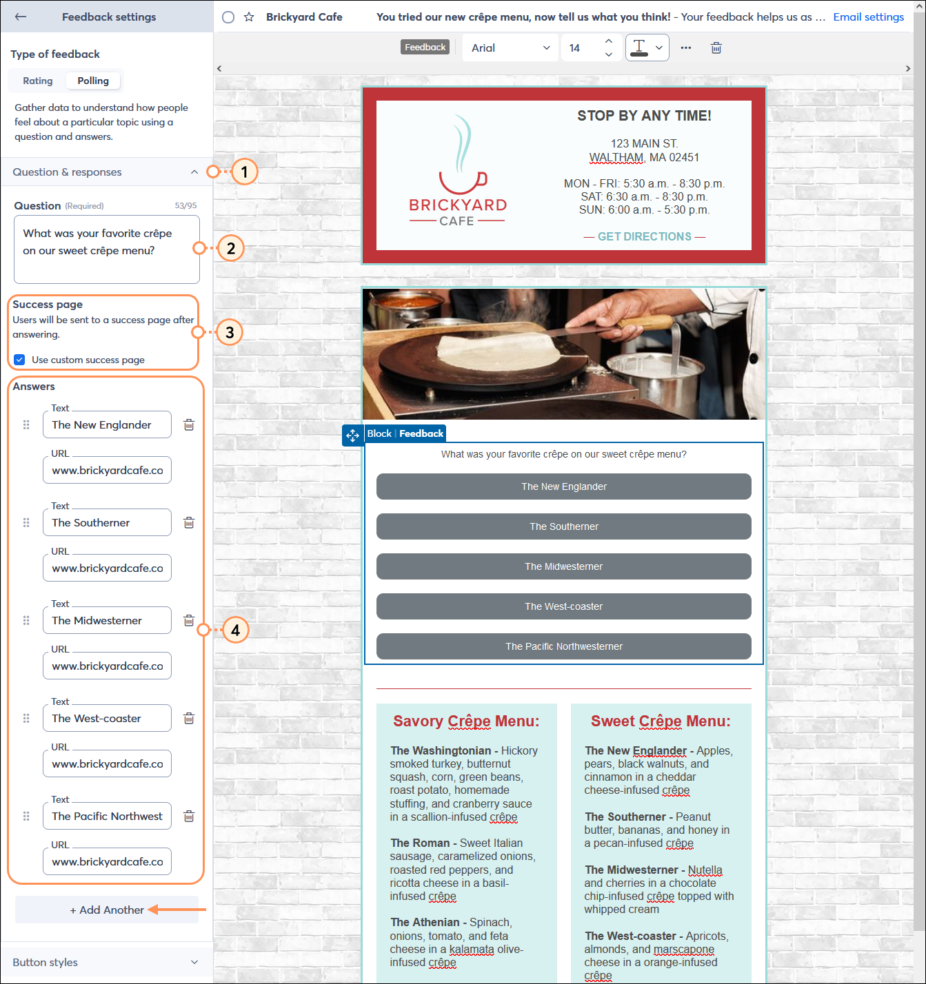 Email editor with Feedback block and Feedback settings menu expanded, Polling option selected, Question field, Success page option selected, and Answers fields