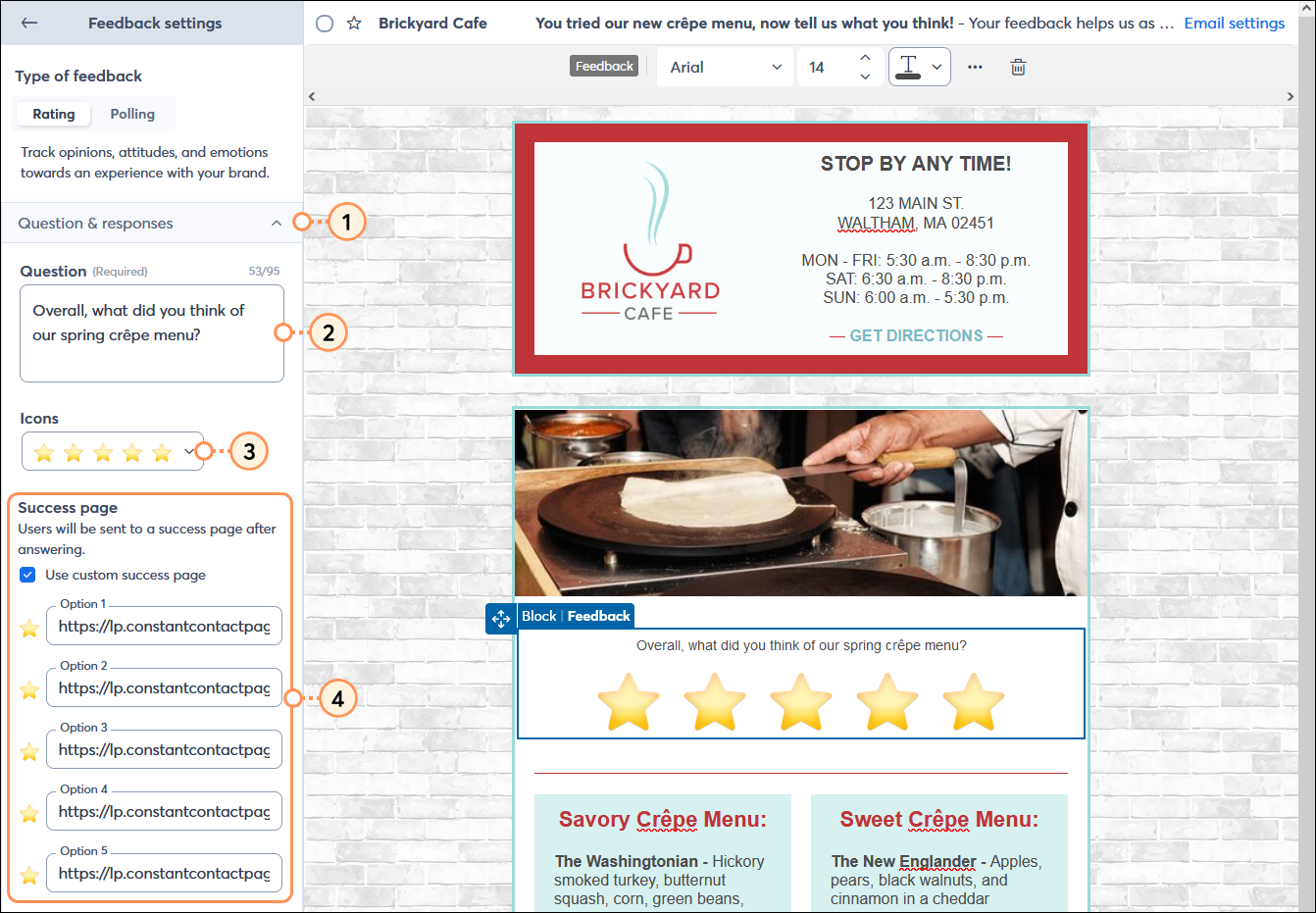 Email editor with Feedback Block and Feedback settings menu expanded and Questions and responses menu expanded with Question field, Icons drop-down menu, and Success page option