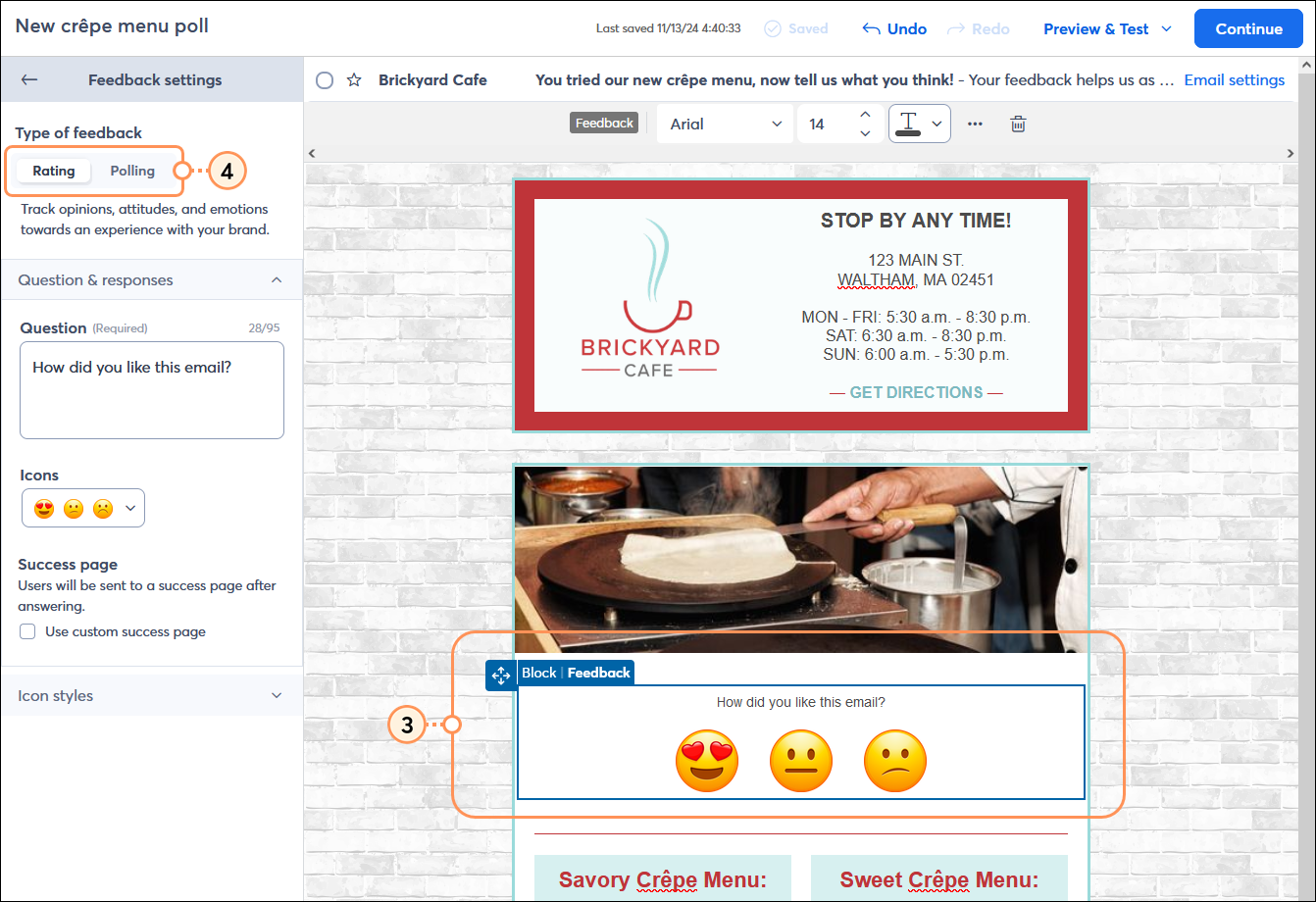 Email editor with Feedback Block and Feedback settings menu expanded and Type of feedback options with Rating and Polling options