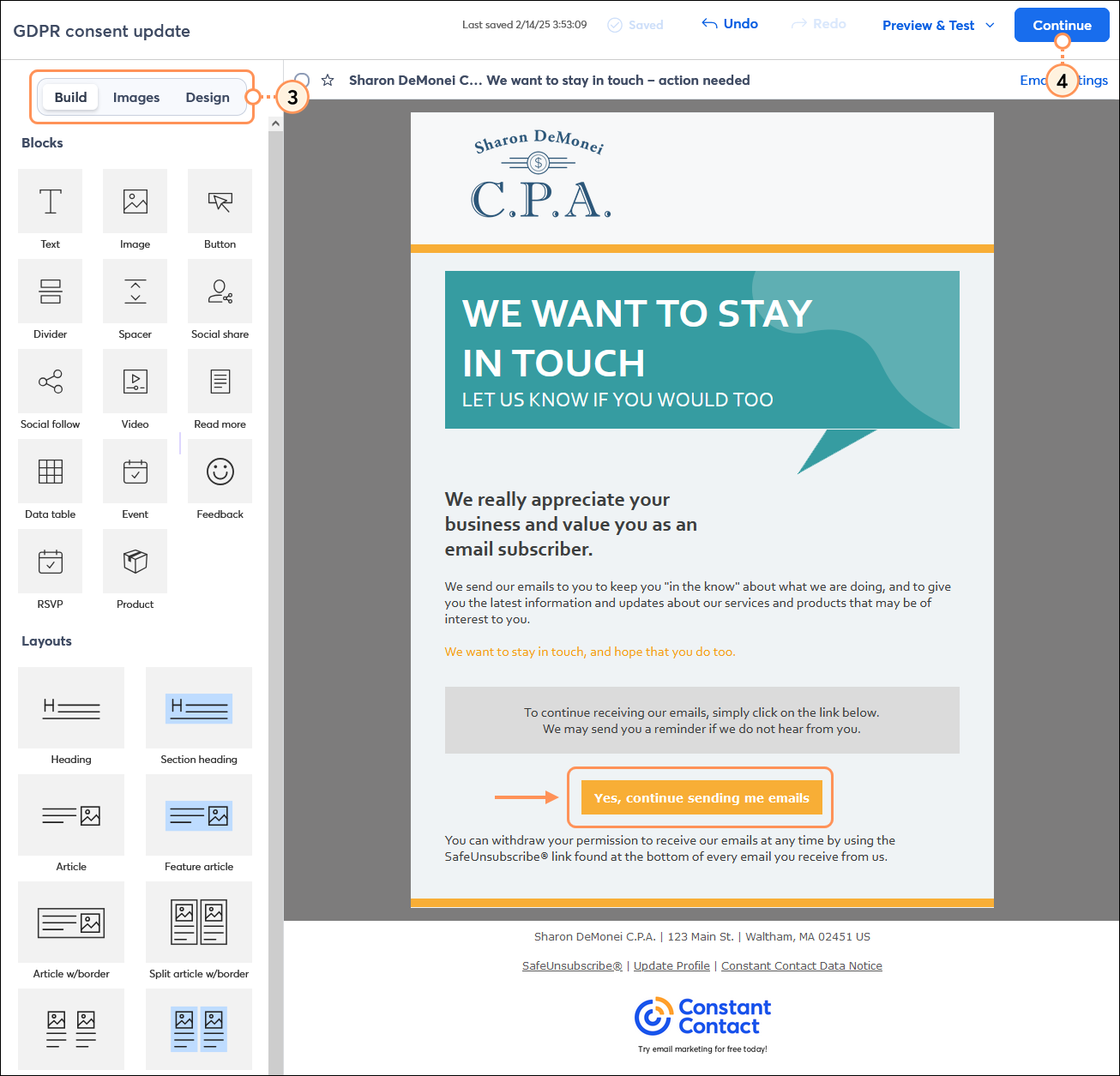 Email editor with GDPR template and branded content, and Continue button
