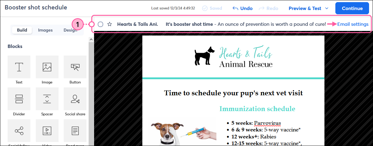Email editor with header bar and Email settings link