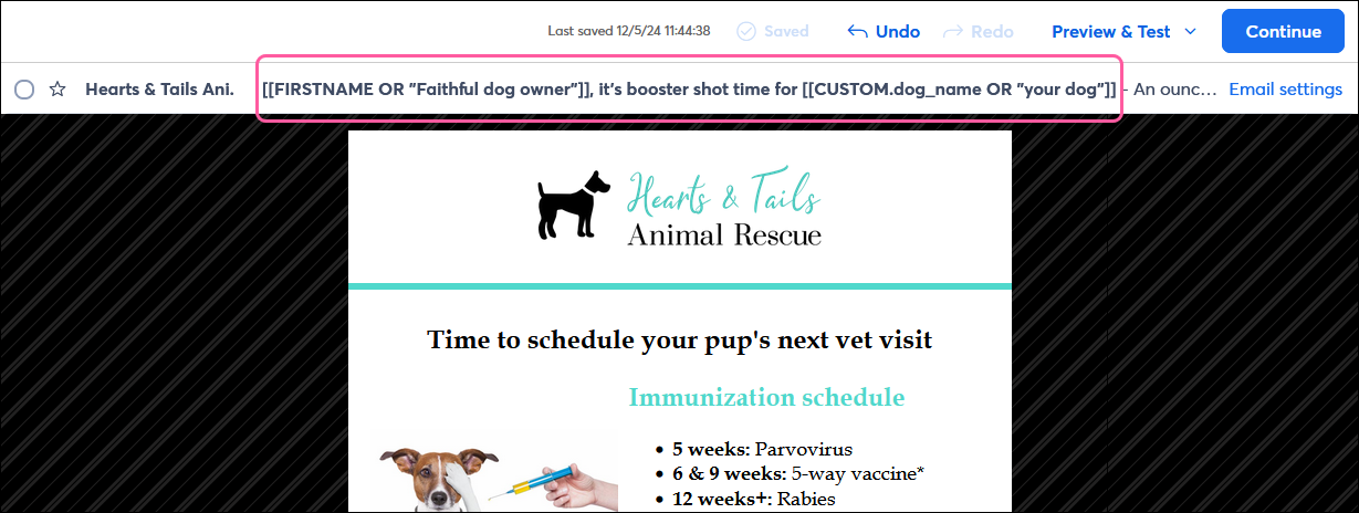 Email draft with personalized subject line in email header] with first name and custom code syntax