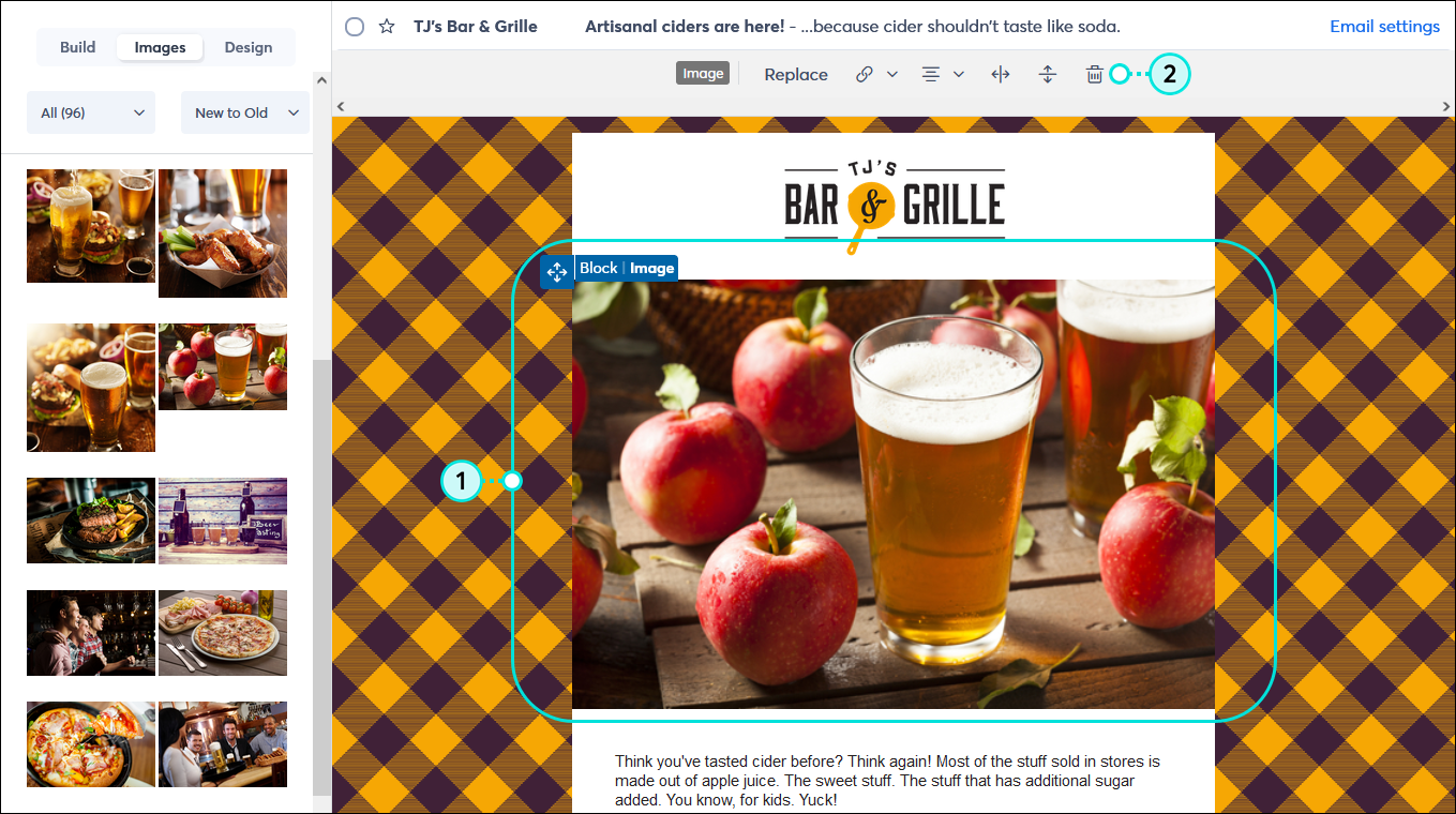 Email editor with Image toolbar and Delete button