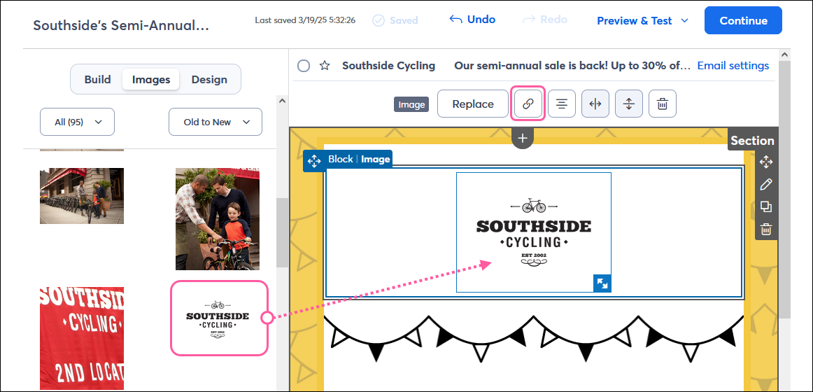 Email editor with Images tab and logo, and Image block with Image toolbar visible with Link button