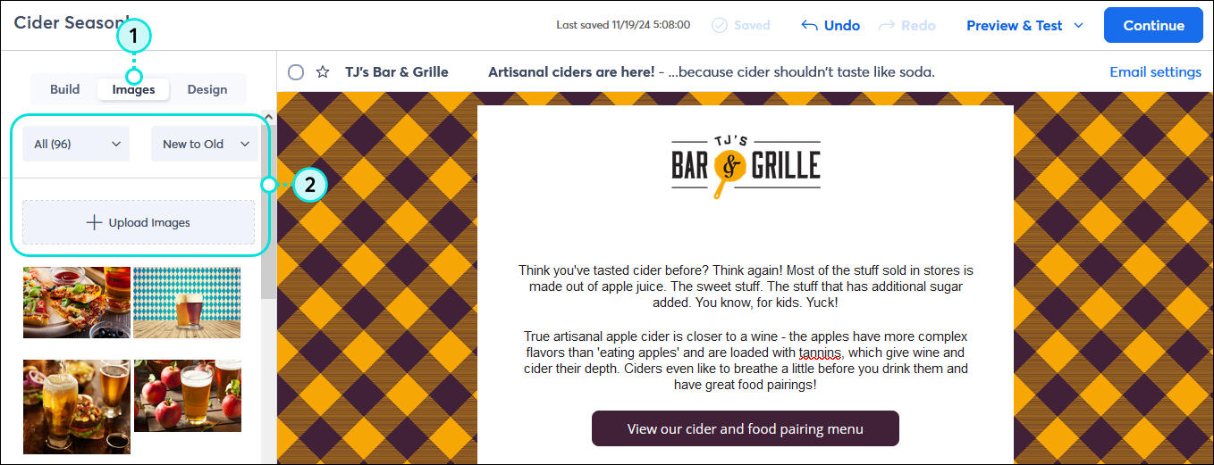 Email editor Images tab, Folder and Sort options, and Upload Images button