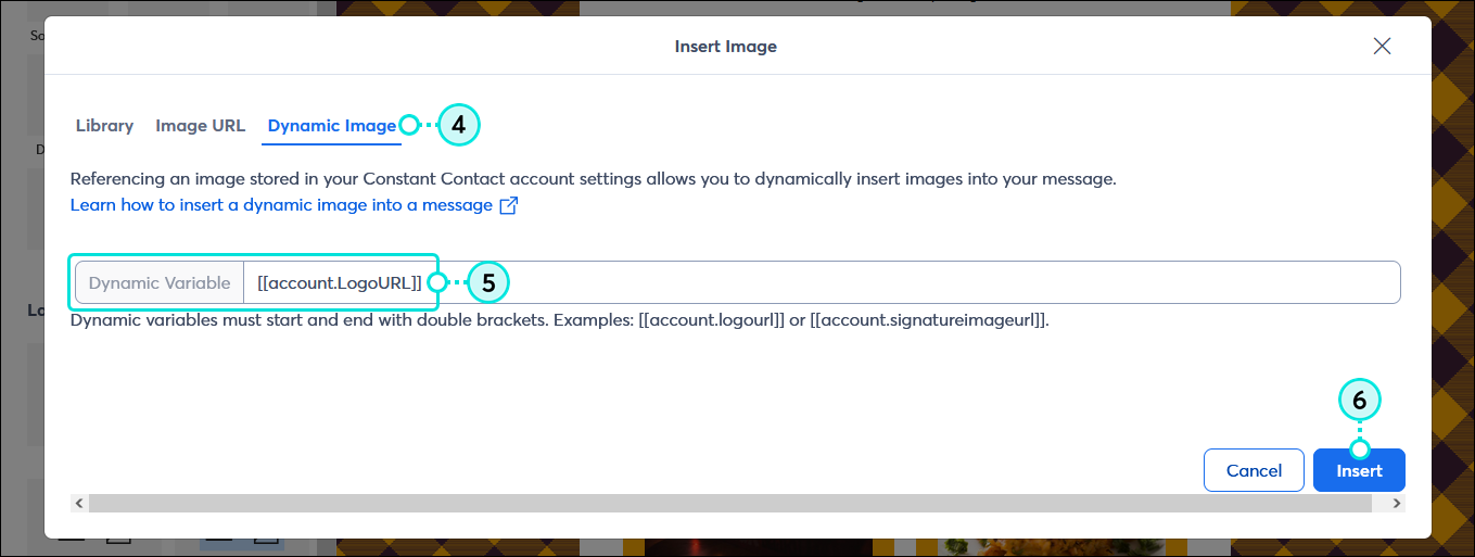 Insert Image overlay with Dynamic Image tab selected, Dynamic Variable field with logo variable in double brackets, and Insert button