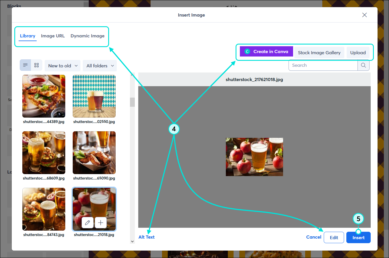 Insert Image overlay, Library tab, Image URL tab, and Dynamic Images tab, Create in Canva button, Stock Image Gallery button, and Upload button, Alt text link, Edit button, and Insert button