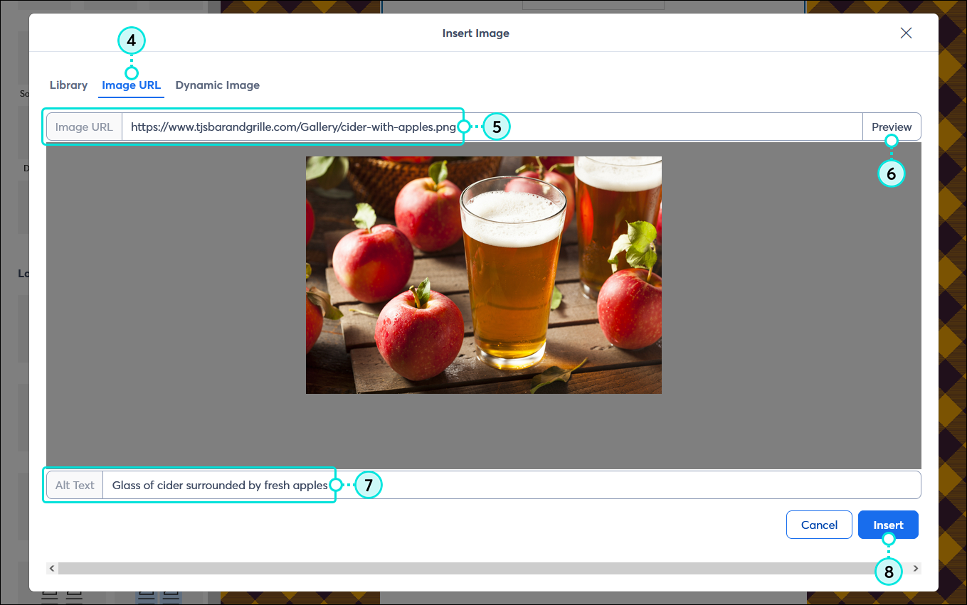 Insert Image overlay with Image URL tab selected, Image URL field, and Preview button