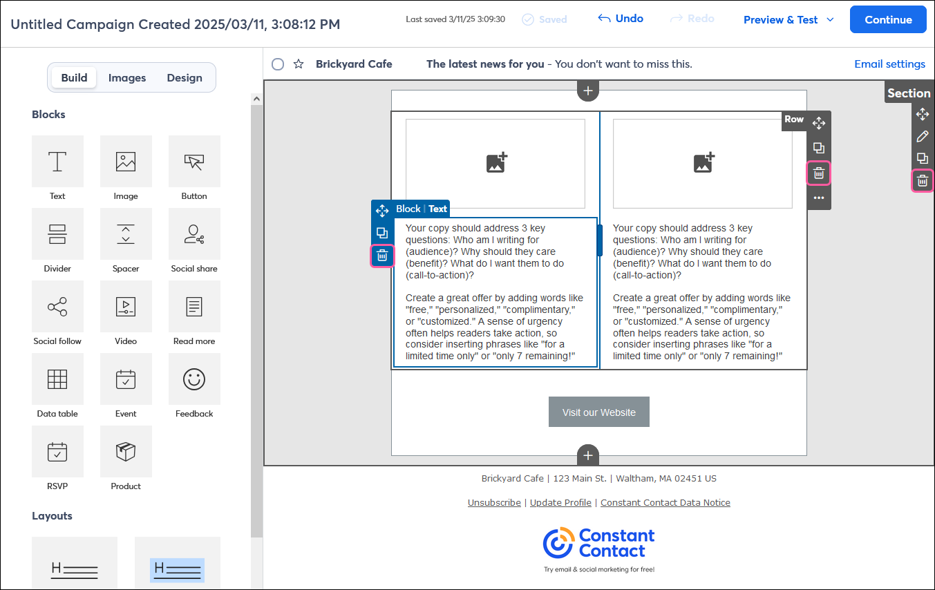 Email editor with Build tab selected, Text block with block menu expanded and trashcan icon selected, layout with Row menu and trashcan icon selected, and section with section menu and trashcan icon selected