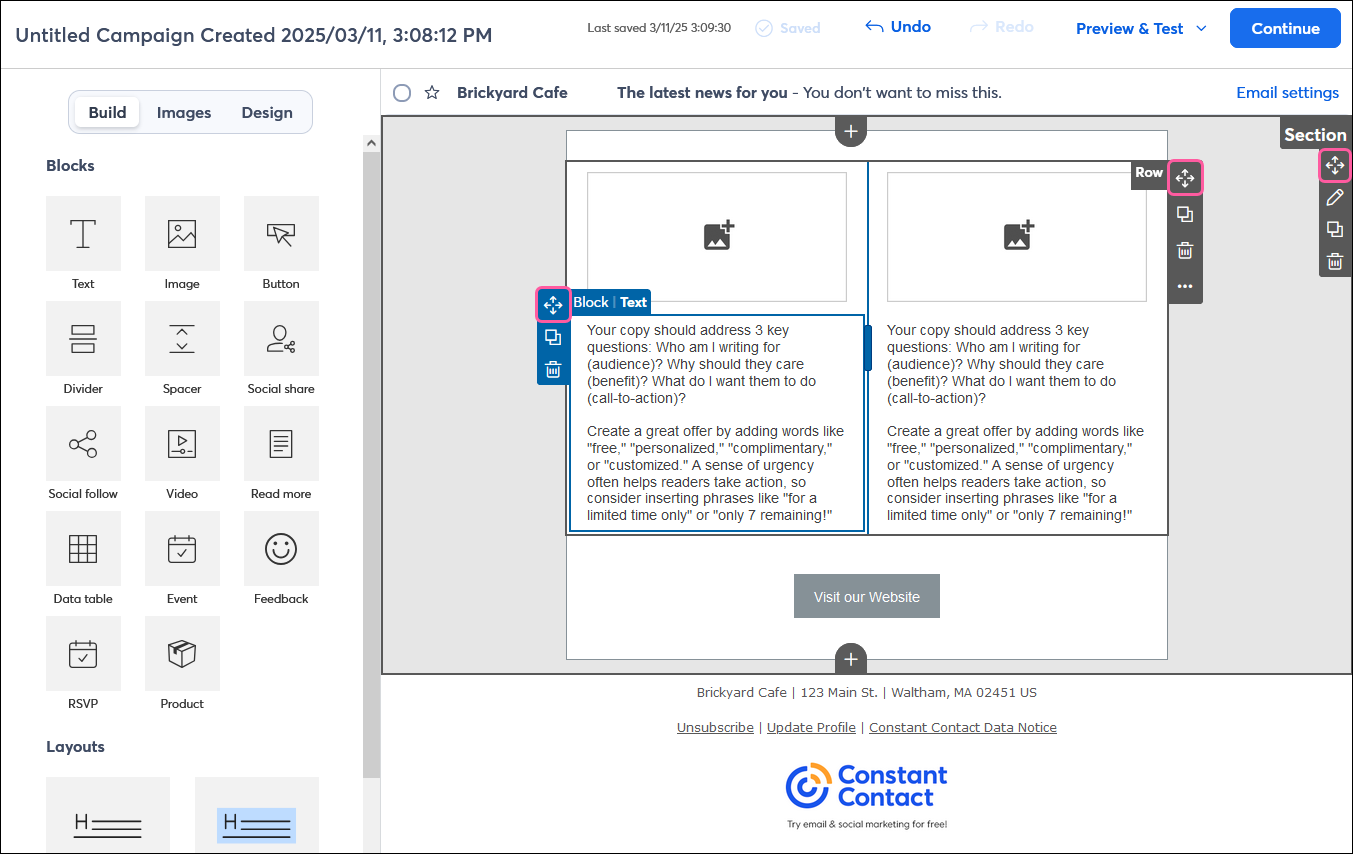 Email editor with Build tab selected, Text block with block menu expanded and move icon selected, layout with row menu and Edit this layout menu expanded and move icon selected, and section with section menu and move icon selected