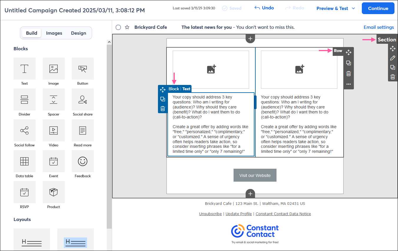 Email editor with an individul Text block highlighted within a row in a layout, all within a larger section