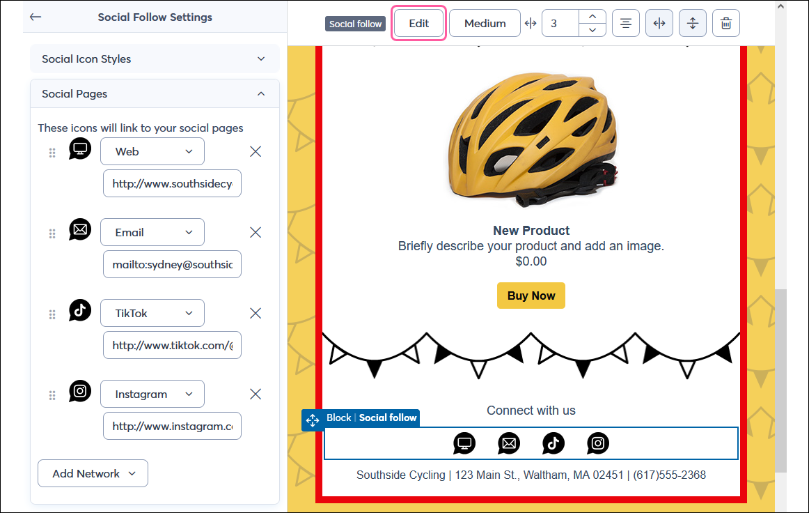 Social Follow block Edit Button and Social Follow Block Settings Panel