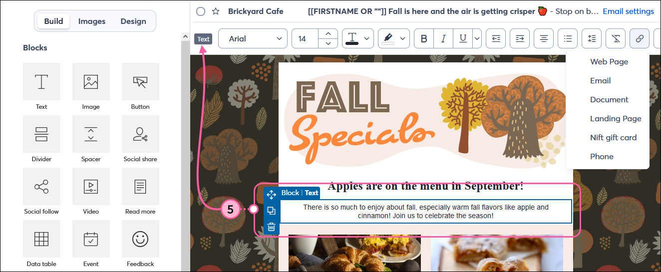 Email editor with Text block, and Text toolbar with Link menu expanded, and Write with AI button