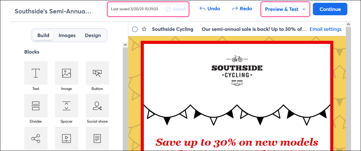 Email editor with "Last saved" notification and Preview & Test option