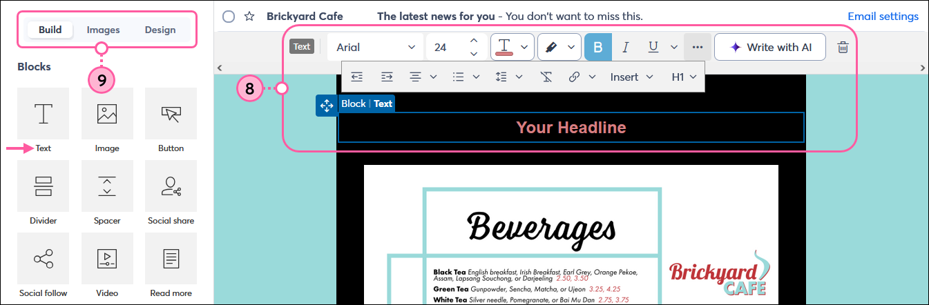 E-Mail-Editor mit erweitertem Überschriftenblock und Texttoolbar sowie Optionen für die Tabs „Build“ (Erstellen), „Images“ (Bilder) und „Design“