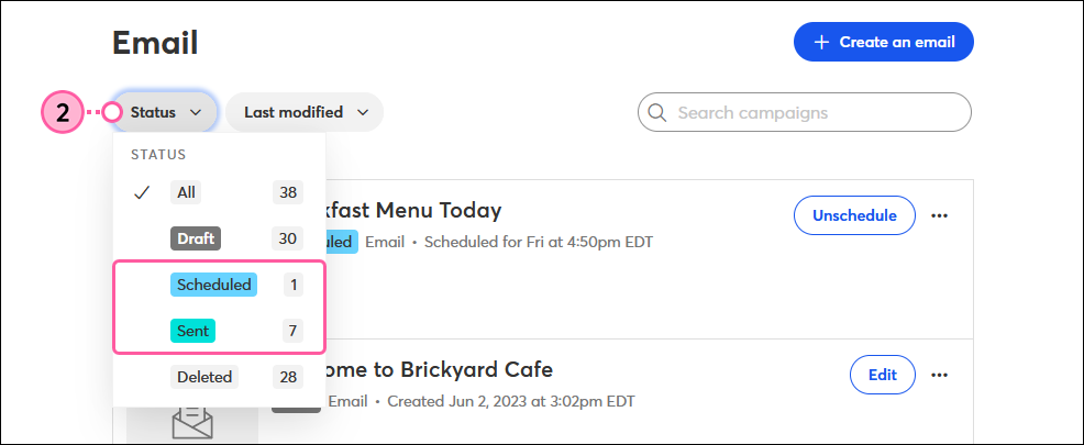 Email page, Status drop-down, and Scheduled and Sent options