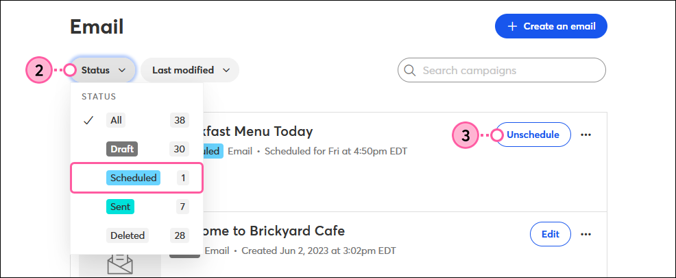 Email page, Status drop-down with Scheduled option, and Unschedule button