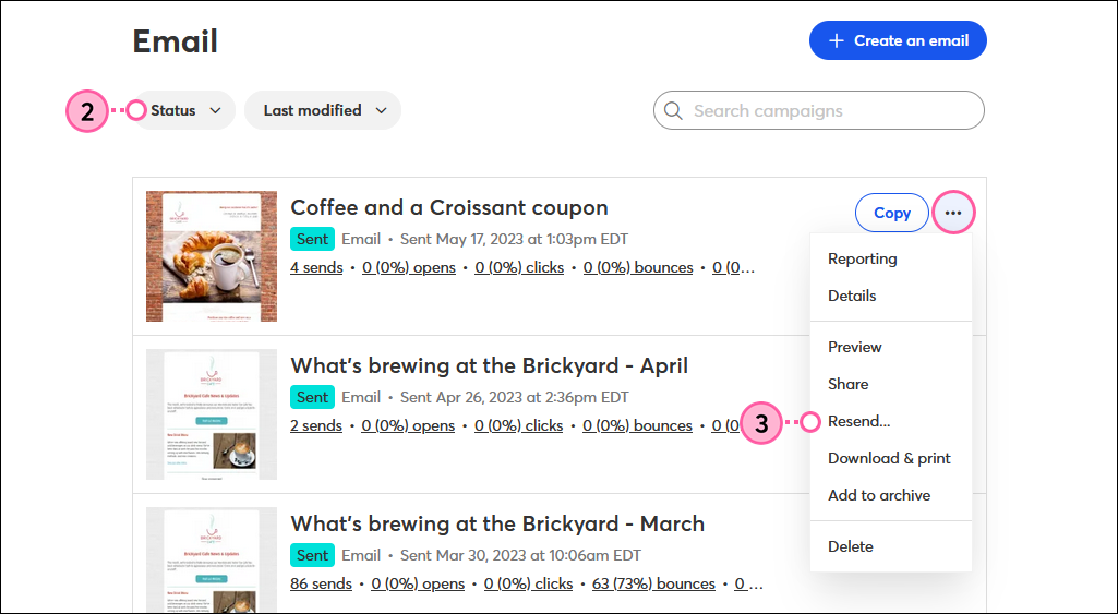 Email page, Sent email drop-down,and Resend option