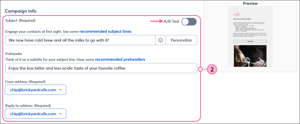 Email schedule page with Campaign Info section and Subject field and A/B Test toggle switch turned off, Preheader field, From address drop-down menu, and Reply-to address drop-down menu